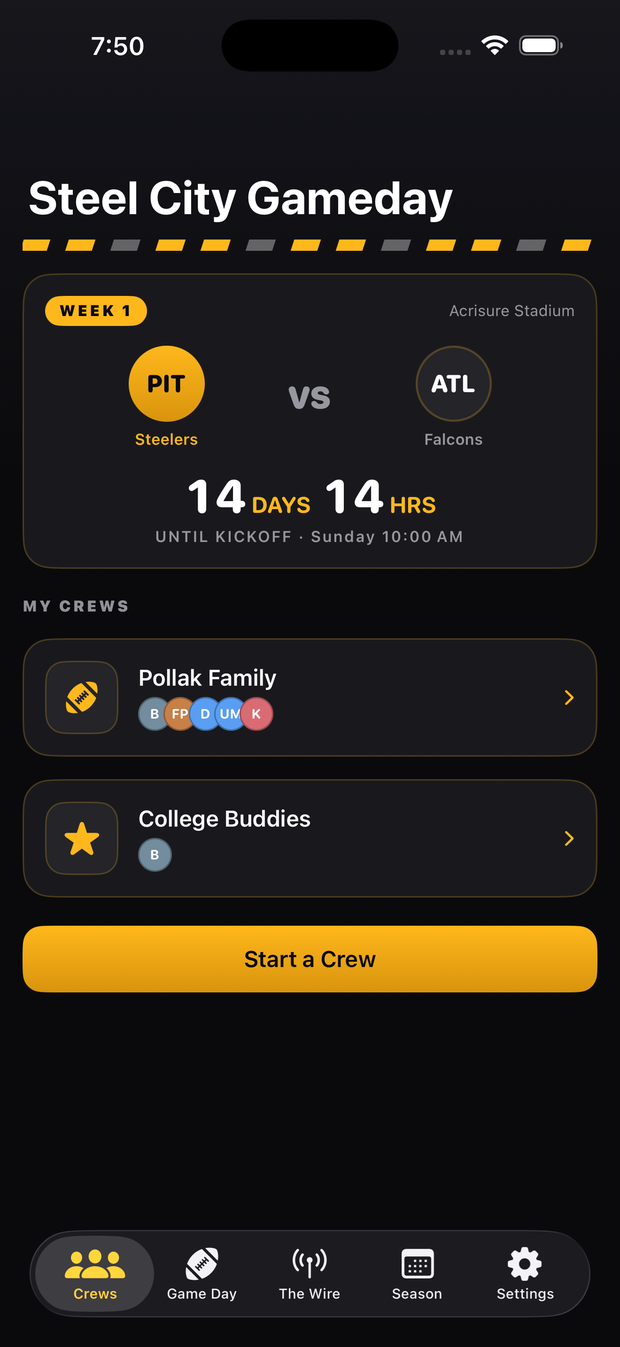 The Crews tab with the next matchup and a list of private groups