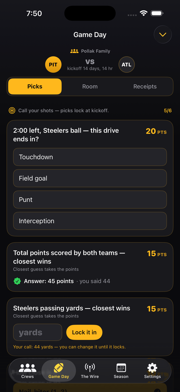 The Game Day Picks screen with prediction questions and point values