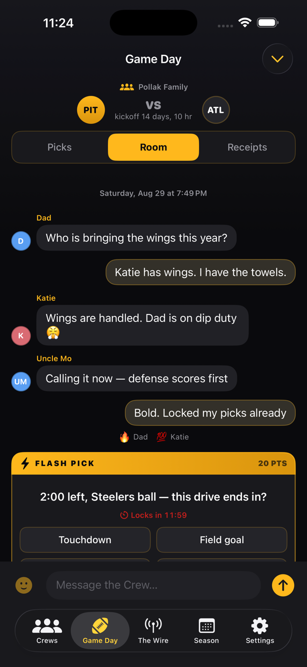 A private Crew chat with game-day messages and a live Flash Pick