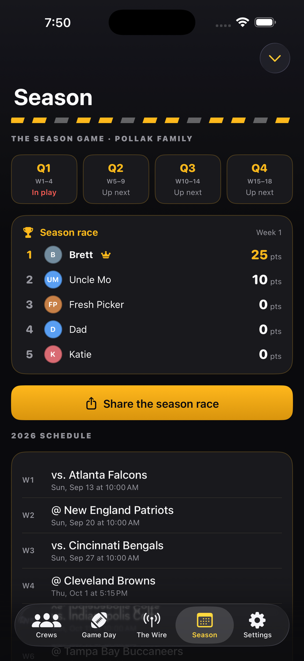 Season standings led by Brett, quarter race cards, and the 2026 schedule
