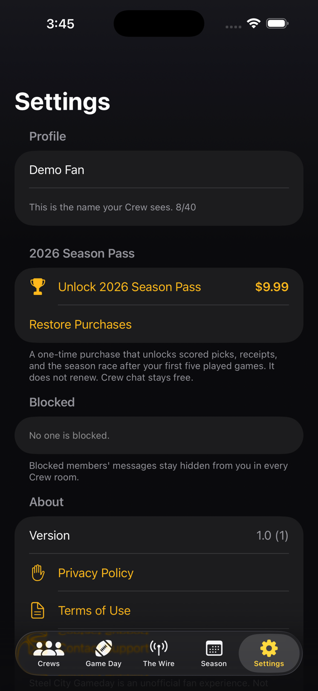 The Settings tab with profile, Season Pass, blocked members, and account links